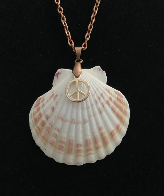 White & Maroon Seashell with Red Copper Necklace and Peace Sign Charm 2