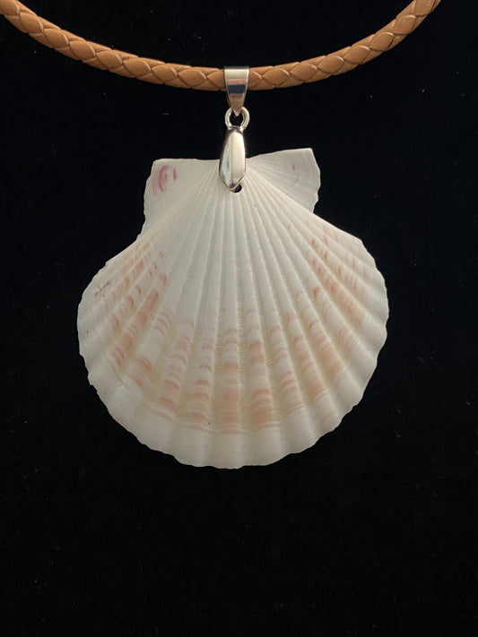 White & Tan Seashell with Tan Leather Cord Necklace