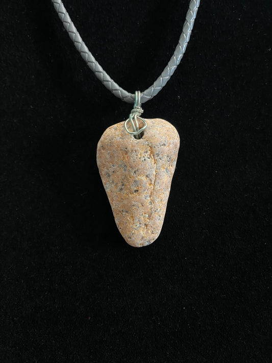 Tan & Gray Rock with Gray Leather Cord Necklace