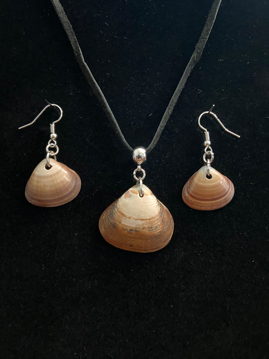 Tan & Brown Seashell Earrings & Necklace Set with Black Leather Cord