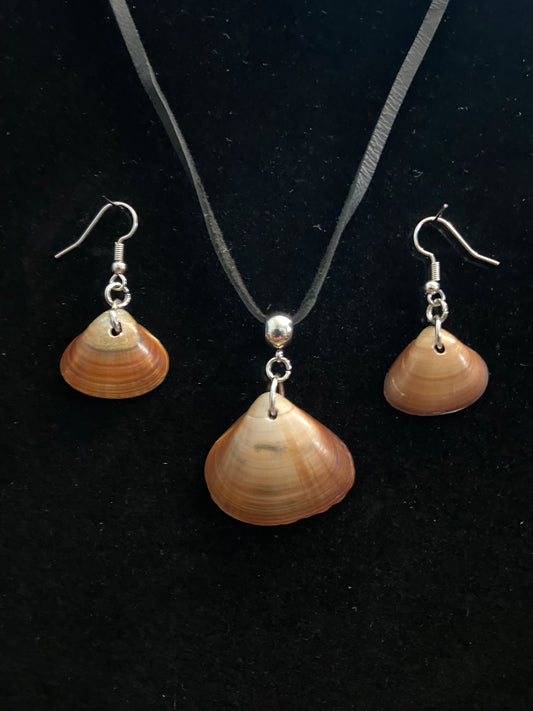 Tan & Brown Seashell Earrings & Necklace Set with Black Leather Cord 2