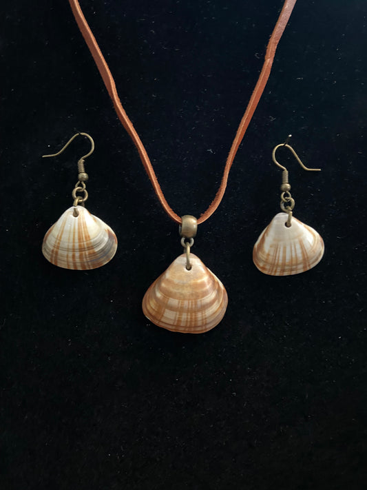 Tan & Gray Seashell Earrings & Necklace Set with Tan Leather Cord