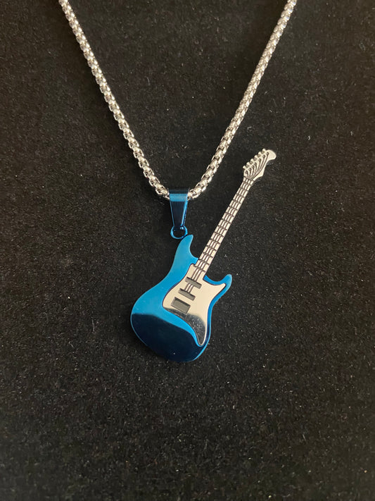 Blue Guitar Pendant & Silver Rope Chain Necklace