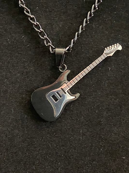 Black Guitar Pendant & Black Chain Necklace