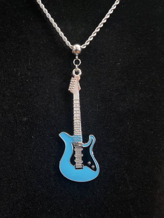 Blue & Black Guitar Pendant & Silver Rope Chain Necklace
