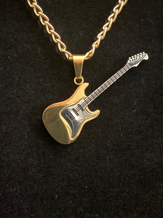Gold & Silver Guitar Pendant & Gold Rope Chain Necklace
