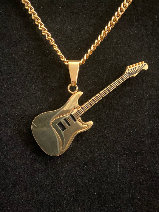 Gold Guitar Pendant & Gold Rope Chain Necklace