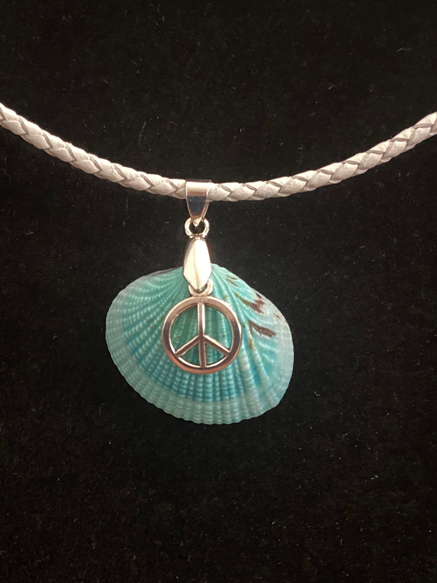 Aqua Seashell & Aqua Leather Cord & Peace Sign Charm Necklace