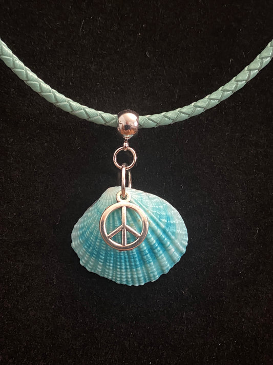 Aqua Seashell & Aqua Leather Cord & Peace Sign Charm Necklace