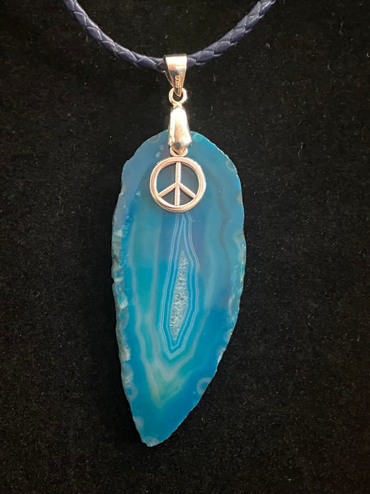 Sliced Blue Agate with Peace Charm and Blue Leather Cord Necklace