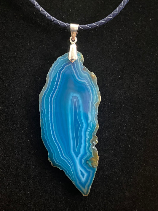 Sliced Blue & Tan Agate with Blue Leather Cord Necklace