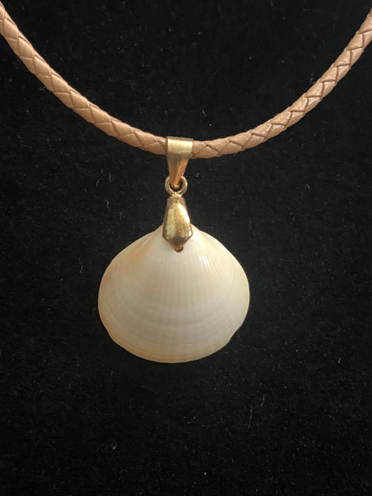 White & Tan Seashell with Tan Leather Cord Necklace