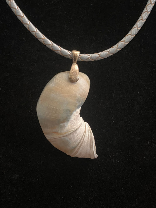 Gray & White Seashell with Gray Leather Cord Necklace