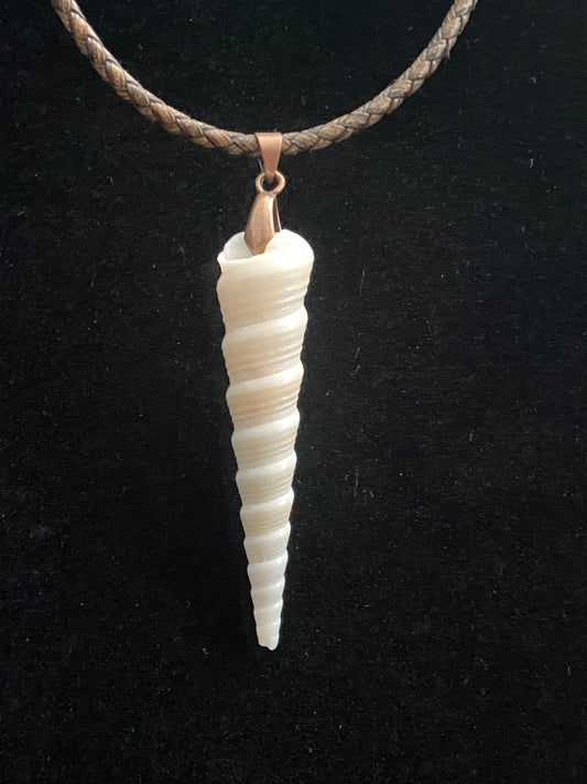 White Spiral Seashell with Brown Leather Cord Necklace