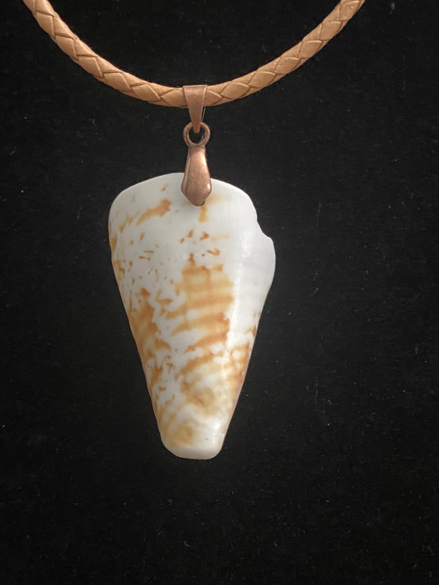 White & Tan Seashell with Tan Leather Cord Necklace 4