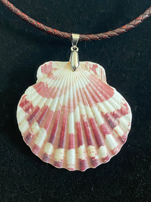 White & Maroon Seashell with Maroon Leather Cord Necklace 2